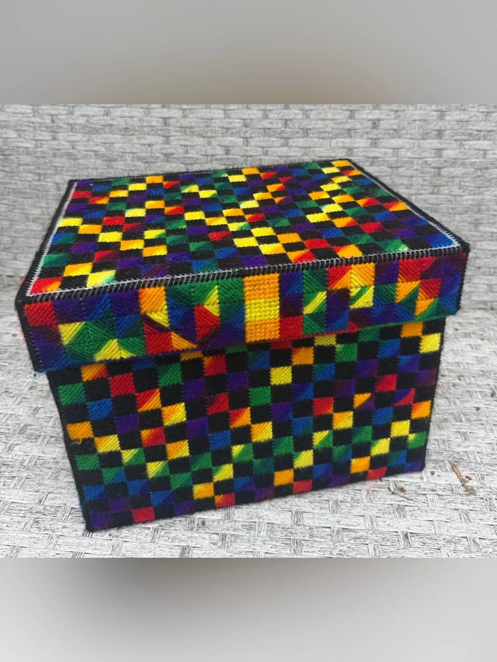 Vintage (>50 years) Handmade Rainbow Plastic Canvas Trinket Box Lid Chekerboard